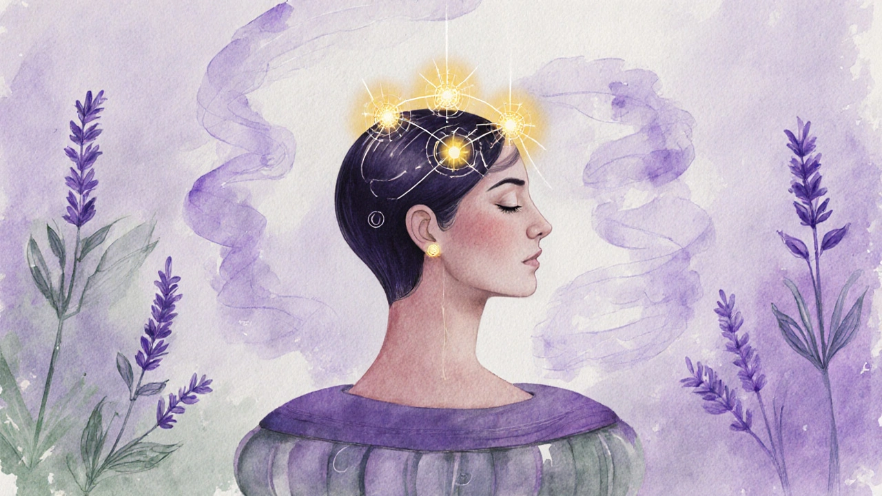 Ilustrace ukazuje krouživé tahy rukou a zářící čakry během indické masáže hlavy.