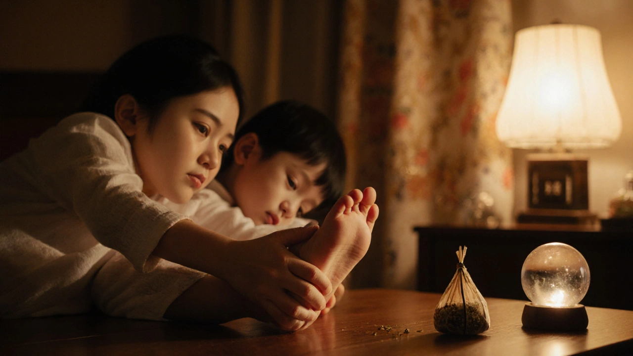 Matka jemně masíruje nožky svého dítěte ve večerním světle doma.