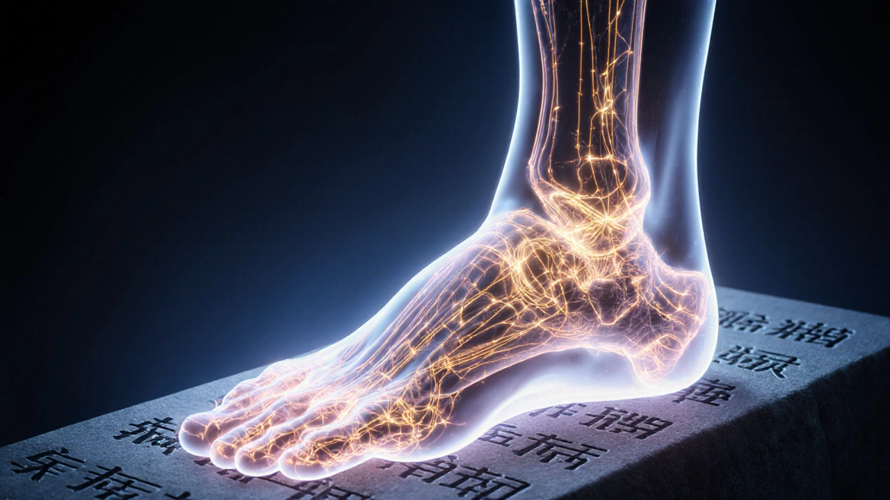 Podlaha nohy s označenými energetickými cestami spojujícími body s vnitřními orgány.