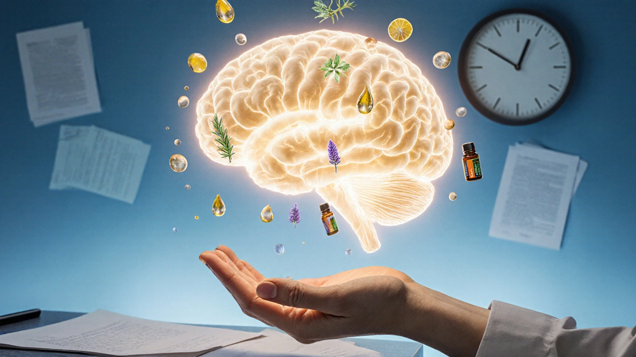 Konceptuální znázornění mozku osvětleného esenciálními oleji pro koncentraci.