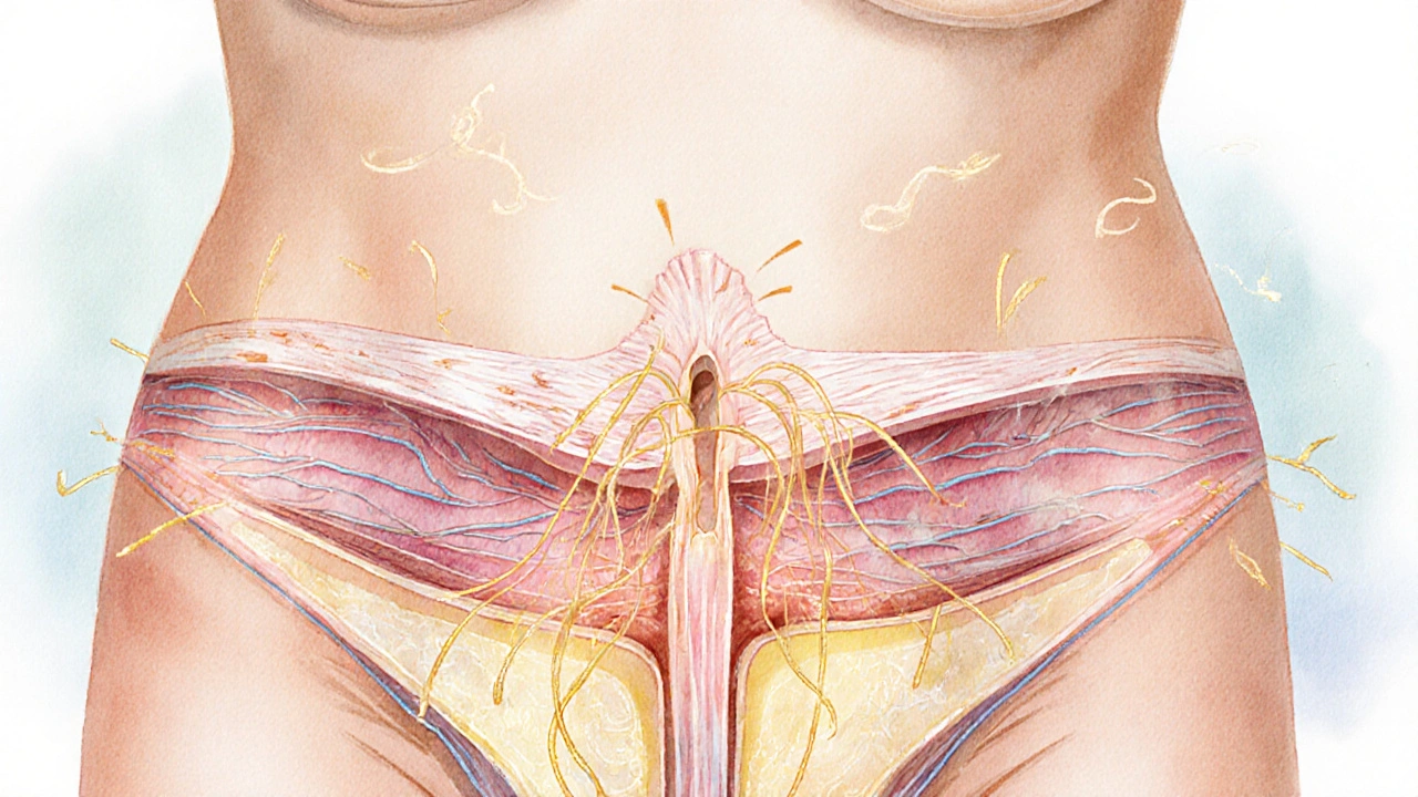 Křížový řez tkaní břicha s náznakem adhezí a masáží obnovující pohyblivost.