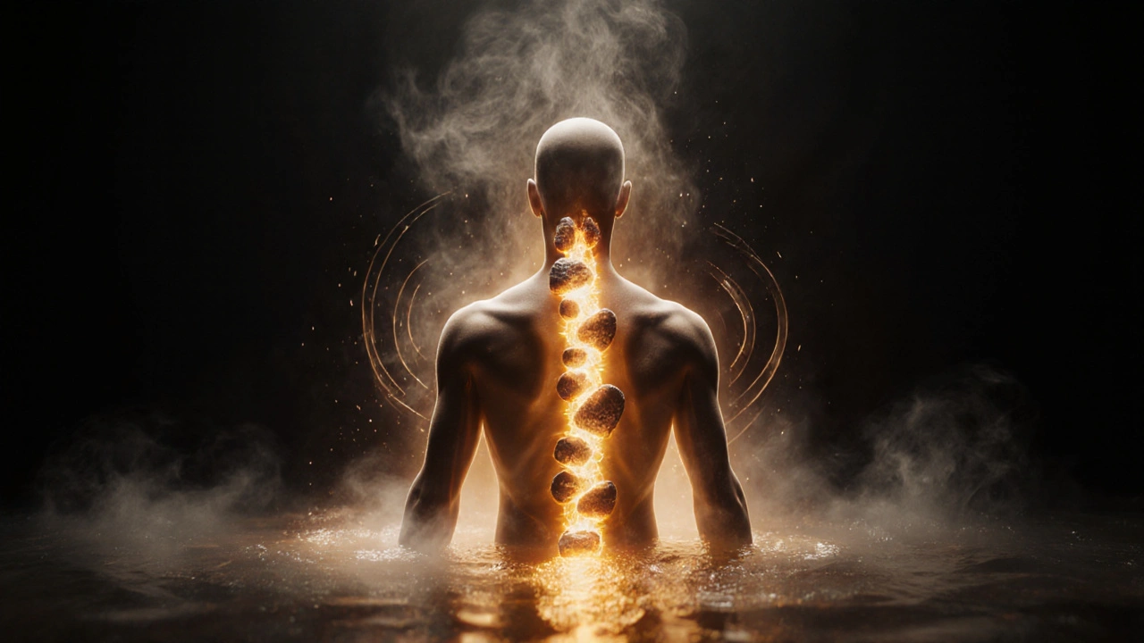 Lávové kameny tvoří světelnou cestu podél těla, symbolizující uvolnění a obnovu.