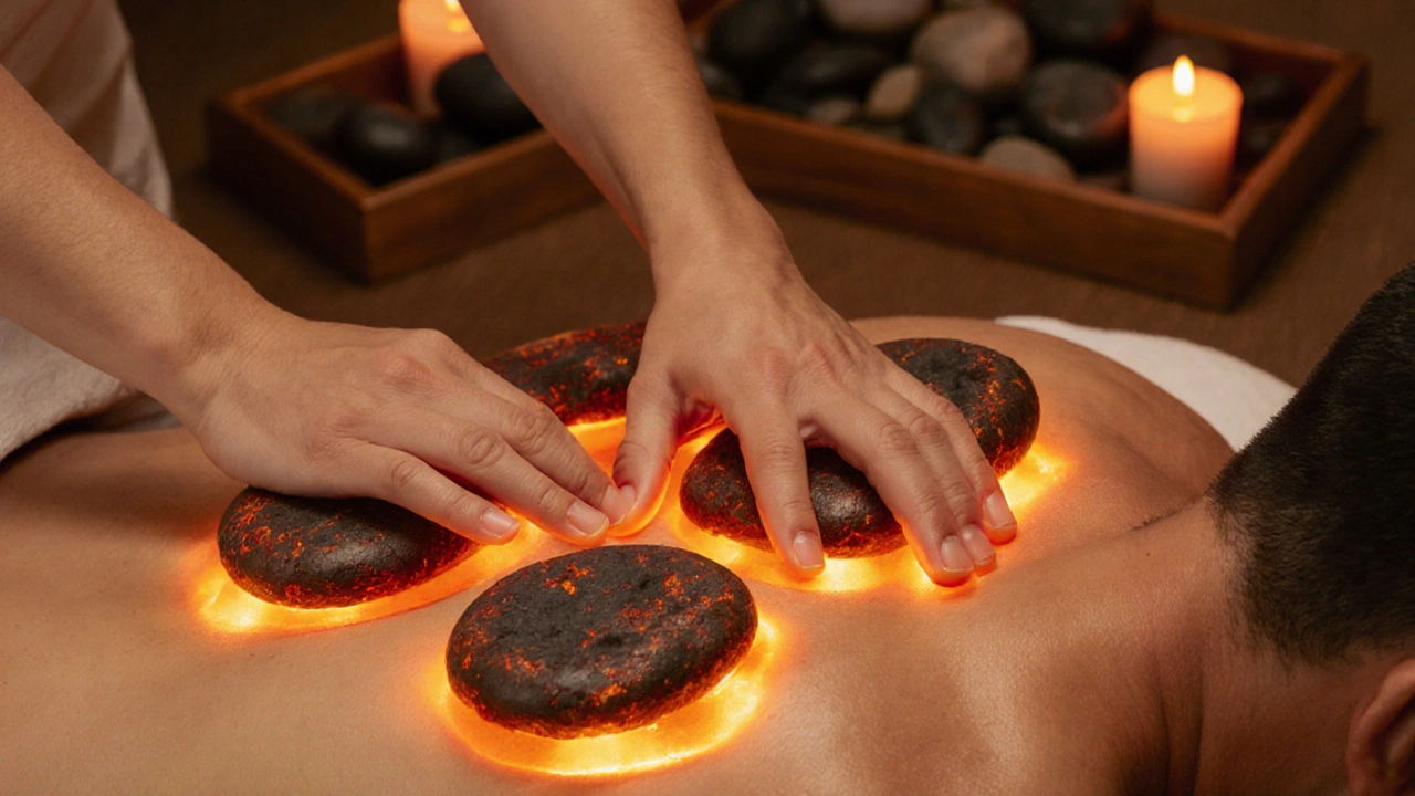 Maséř pohybuje teplými lávovými kameny po zádech pacienta.