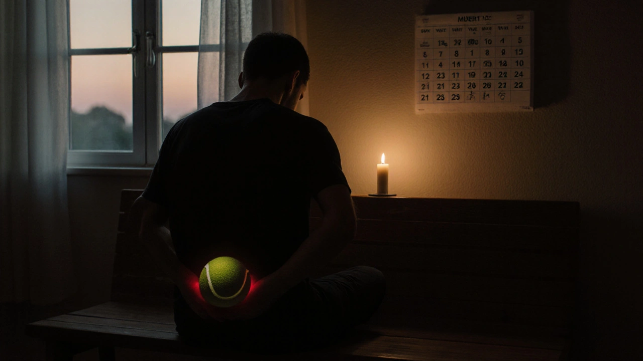 Muž si doma masíruje záda tenisovým míčkem při tichém večerním světle, na pozadí kalendář s označenými dny.