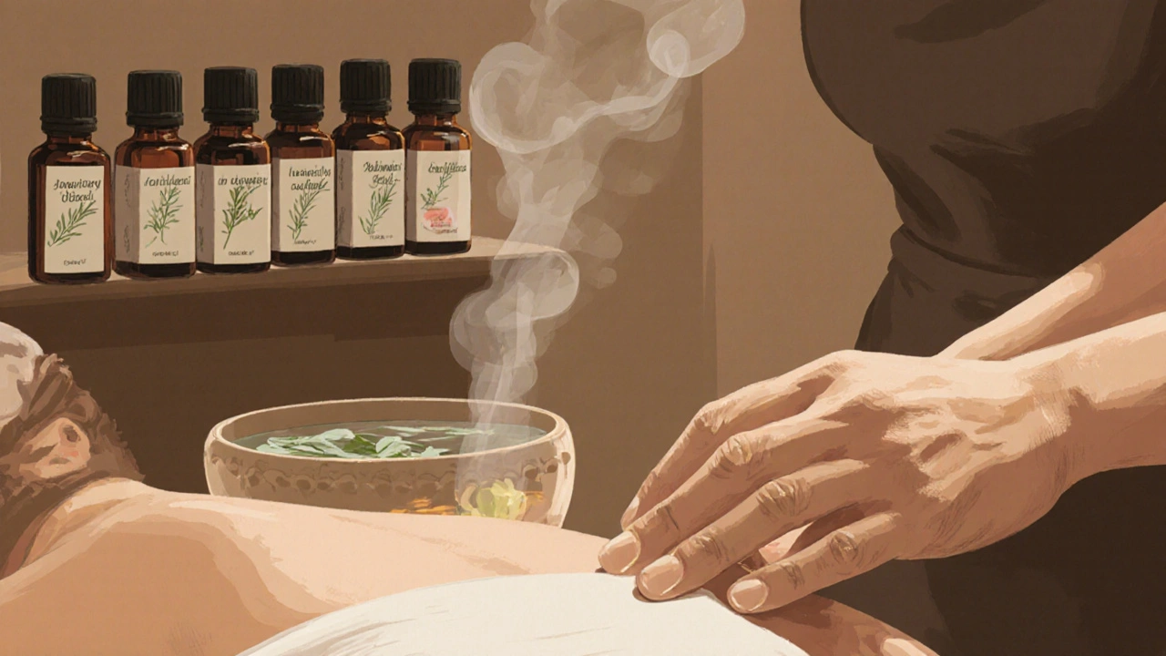 Osoba obdrží masáž zád s esenciálními oleji v klidném prostředí.