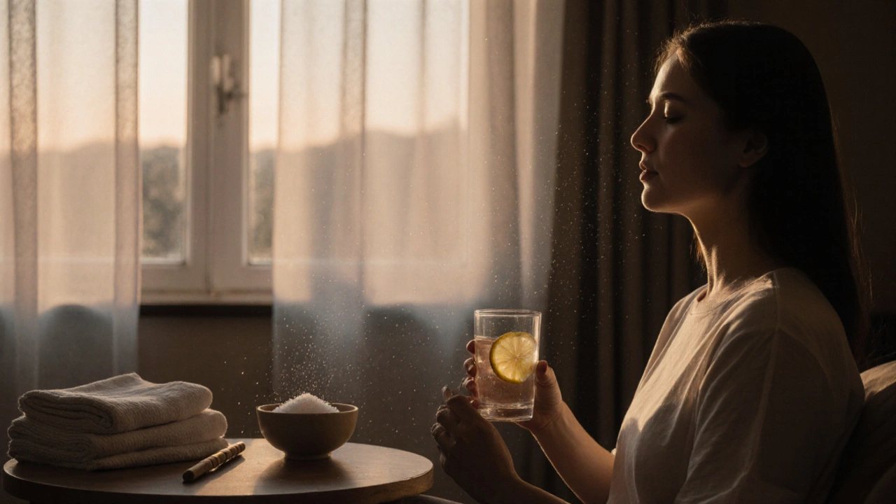 Osoba po sezení drží sklenici vody s citronem, klidně se uvolňuje ve světle západu.