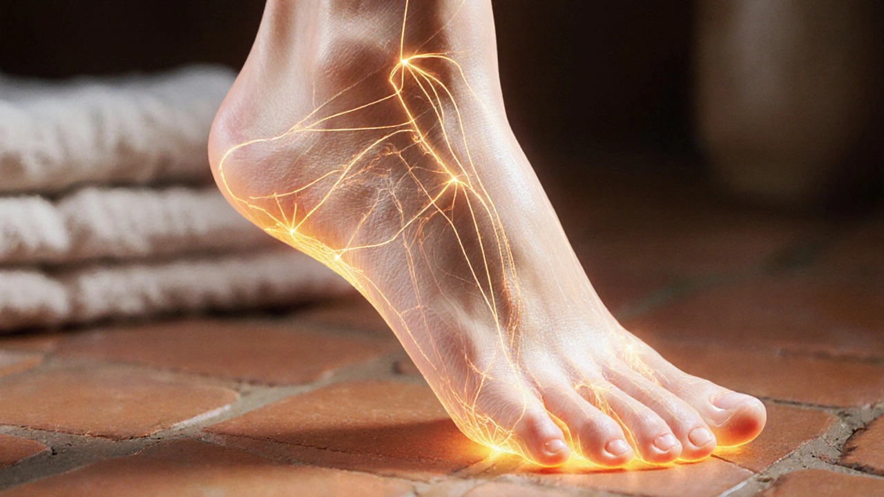 Podrobný pohled na chodidlo s energetickými spojeními k orgánům těla.