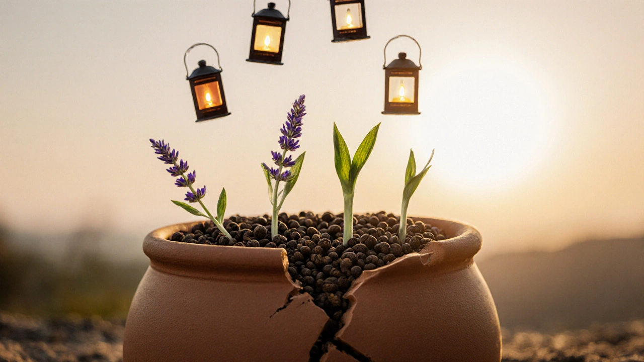 Prasklý hrnec z něhož rostou větve a světla, symbolizující obnovu energie po stresu.