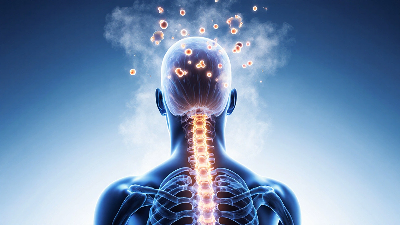 Přehled vnitřních procesů těla během masáže: neurotransmitery se šíří, stresové hormony se rozptylují.