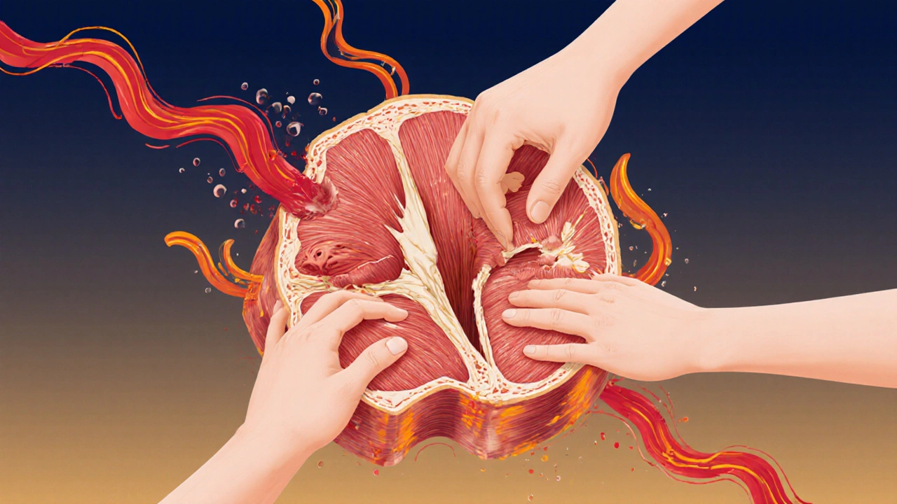 Průřez svalovými vlákny s uzly a krevním oběhem, znázorňující obnovu po zátěži.