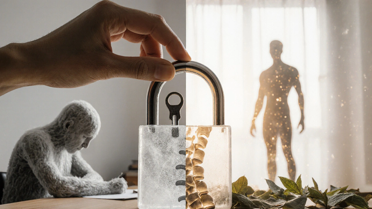 Ruka vkládá klíč do zámku tvaru páteře, symbolizující obnovu těla.