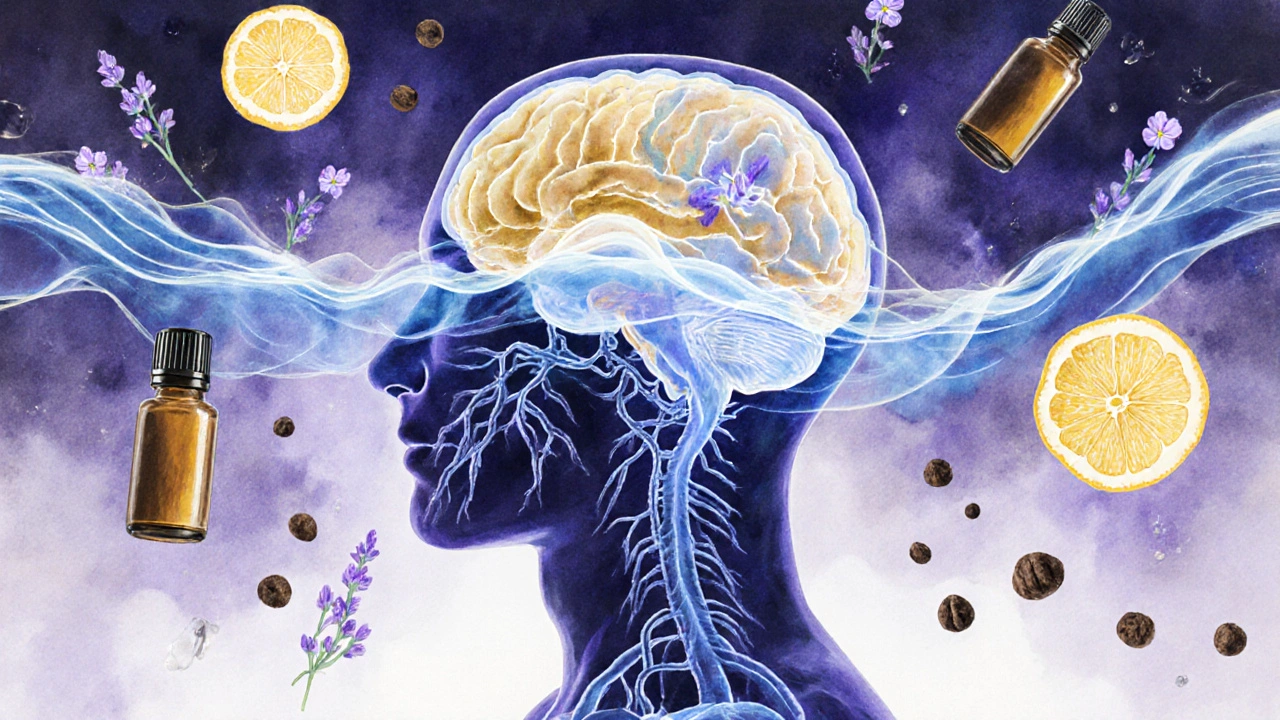 Transparenntní ilustrace esenciálních olejů vstupujících do mozku a uvolňujících klid.