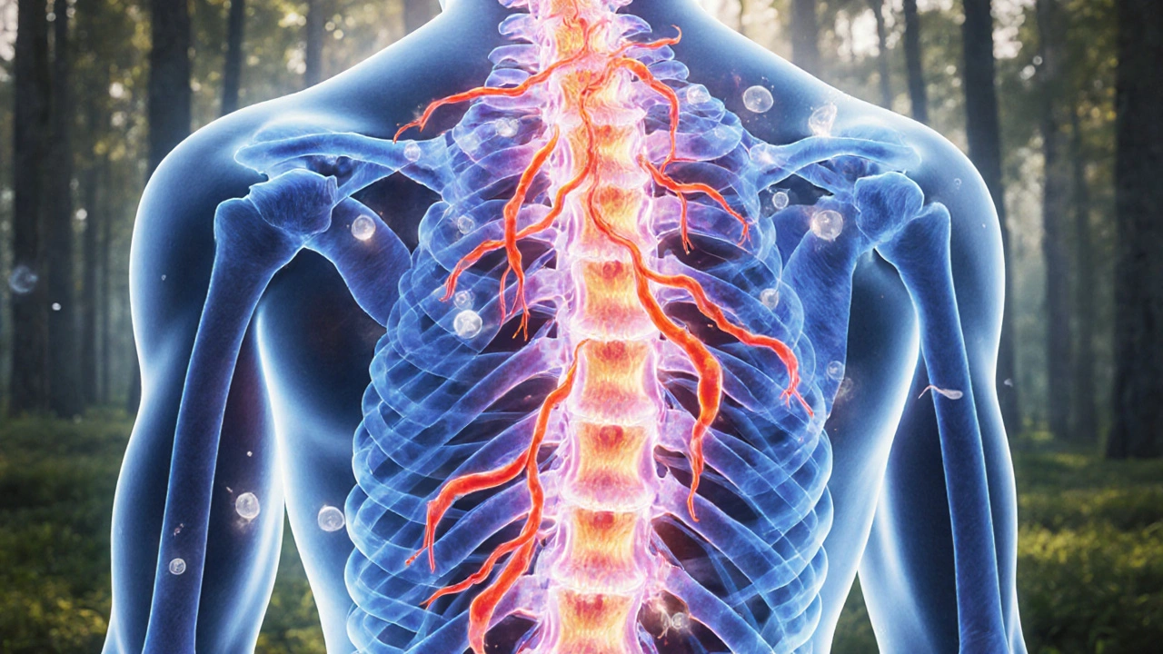 Vnitřní procesy regenerační masáže: krevní tok a uvolňování fascií kolem páteře.