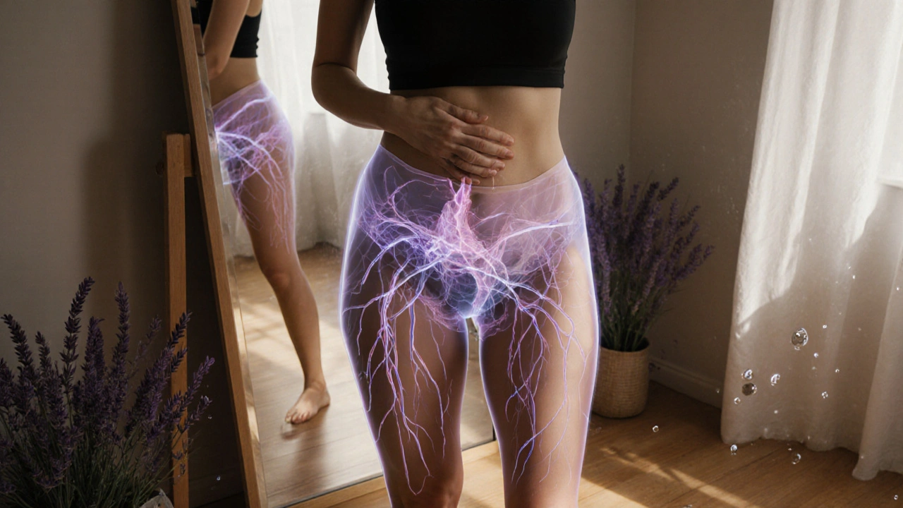 Žena se dívá do zrcadla, kde jizeva přechází z pevné do pružné struktury.