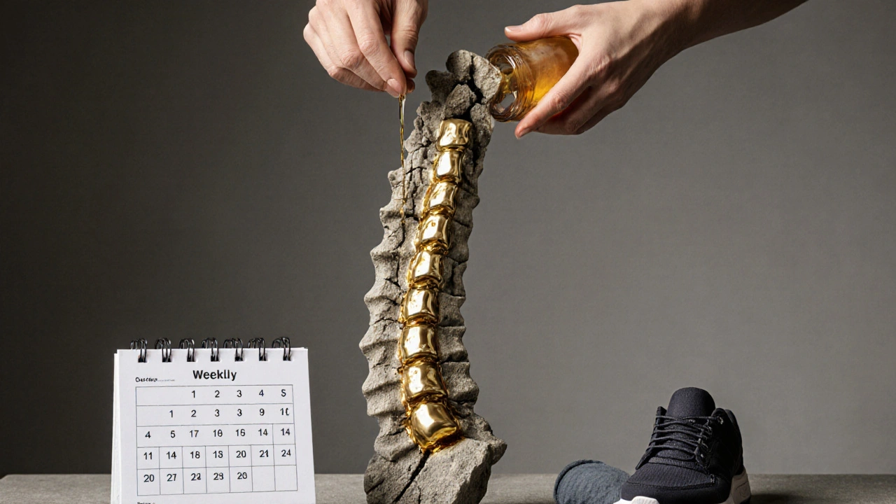 Zkamenělá páteř se pomalu obnovuje zlatým proudem, symbolizujícím regeneraci a péči.