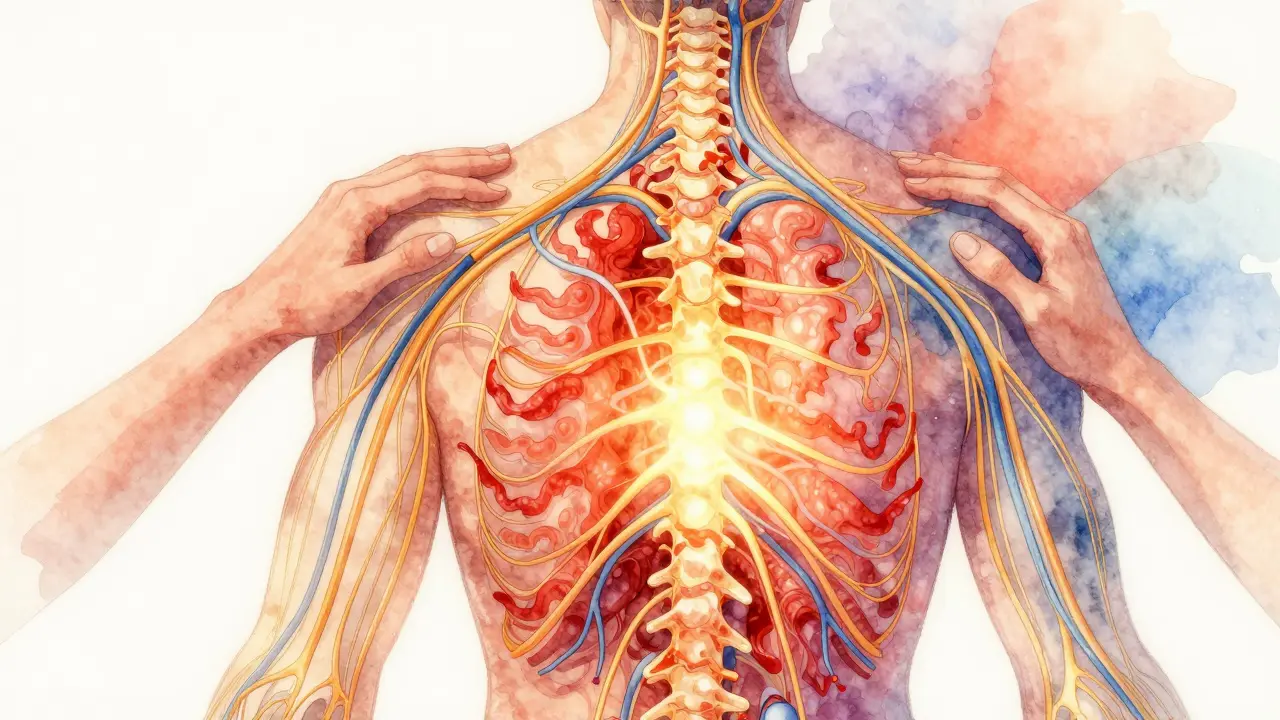 Abstraktní ilustrace těla s hormony: stresové vlny odcházejí, klidné proudy vstupují.