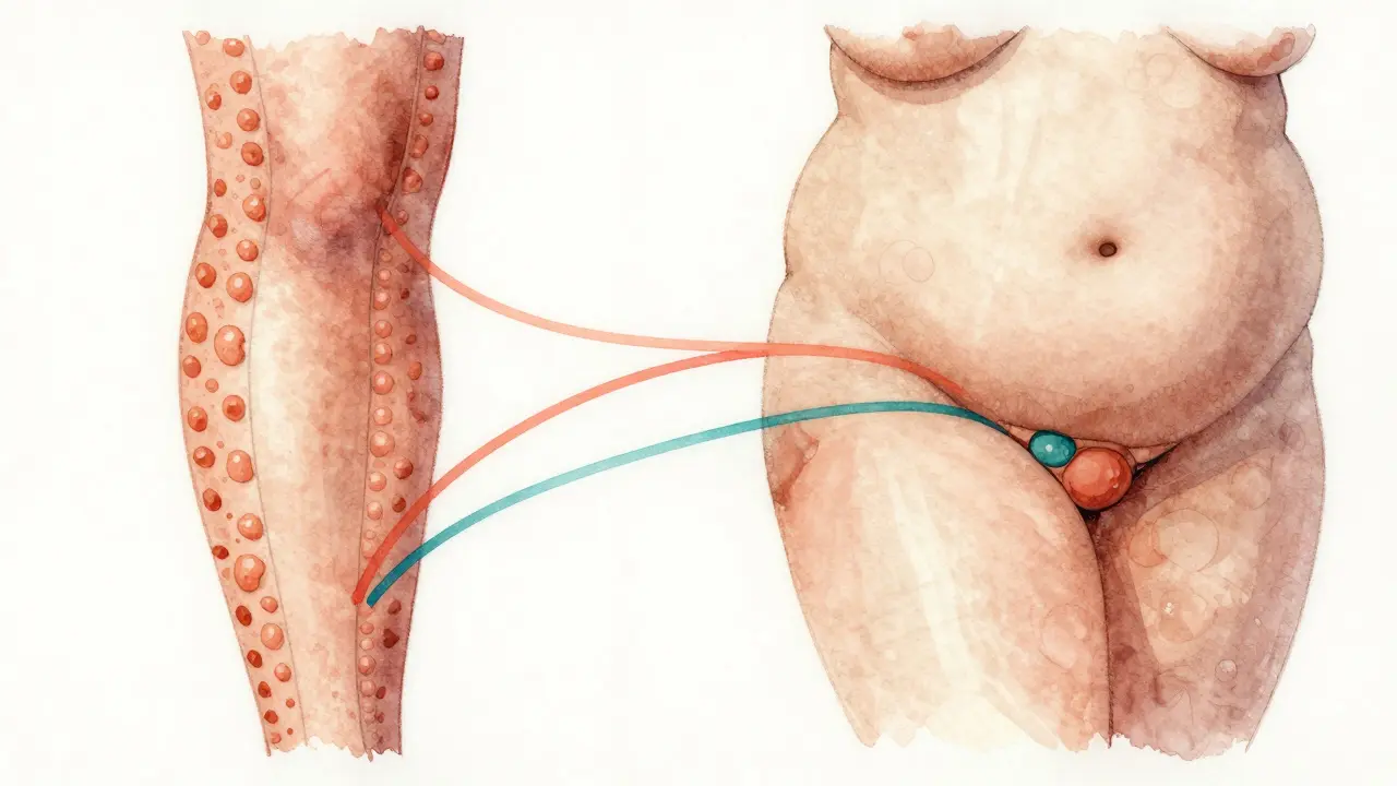 Abstraktní náčrt ukazující změnu struktury podkožní tkáně po masáži.