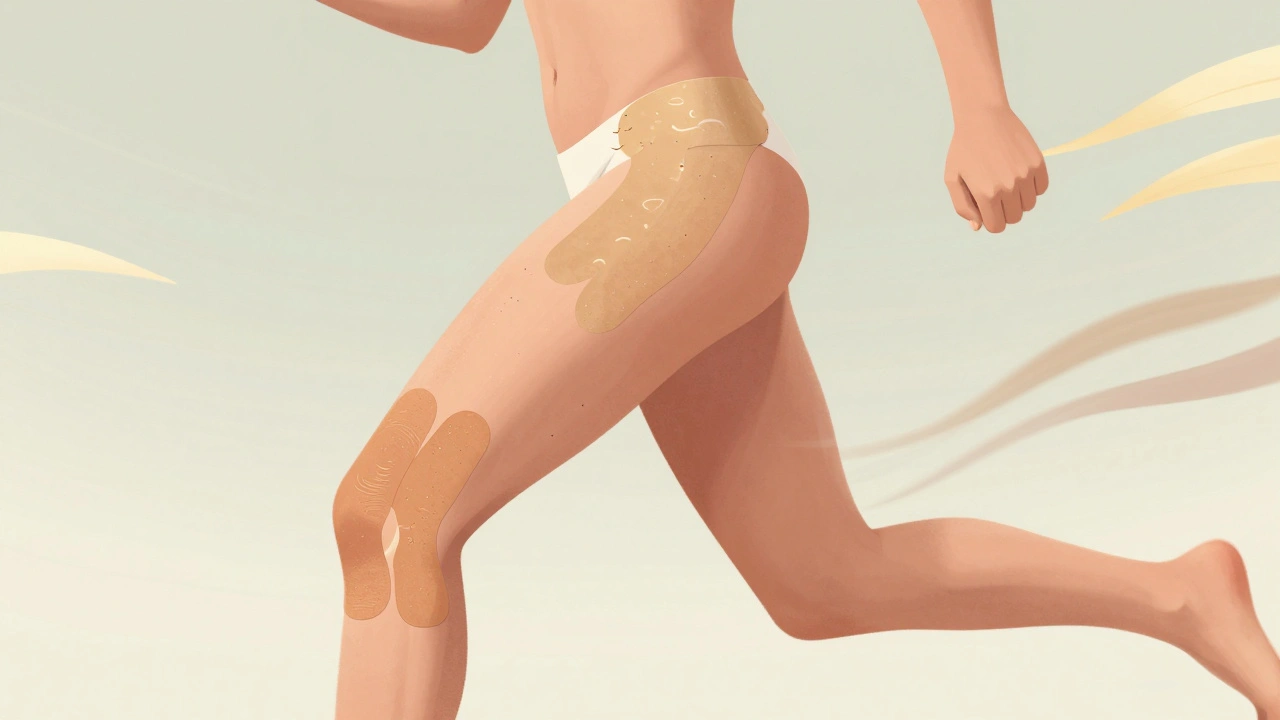 Běžec s tejpem na zádech a kolenu, v pohybu.