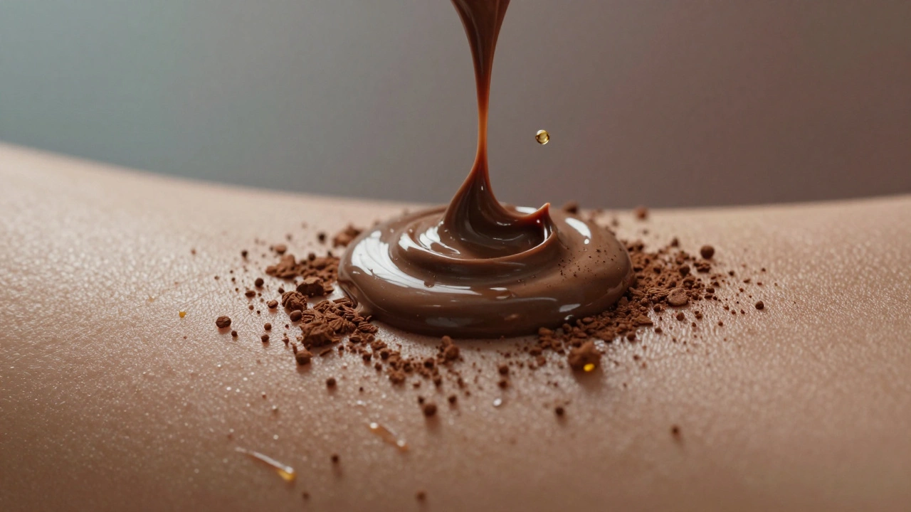 Detail kůže s tenkou vrstvou roztaveného kakaového másla, které se vstřebává, s jemnými částicemi kakaového prášku v okolí.