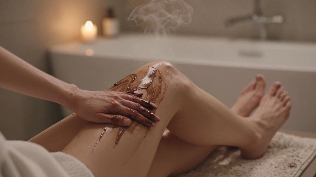 Osoba si dělá čokoládovou masáž v klidné koupelně, ruce klouží po kůži, teplé světlo a pára z koupele.