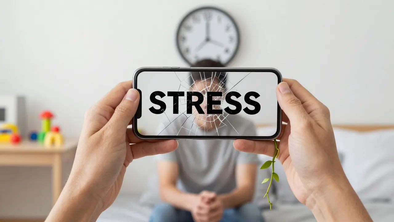 Prasklá obrazovka s 'STRES' nahrazená rukama s kořeny klidu, symbolická léčba napětí.