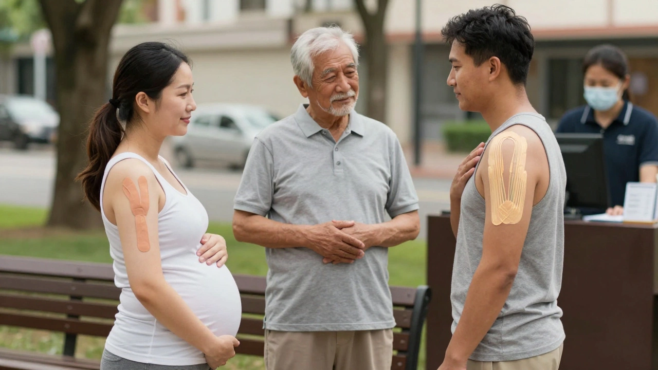 Tři lidé různých věků s tejpem na těle v parku.