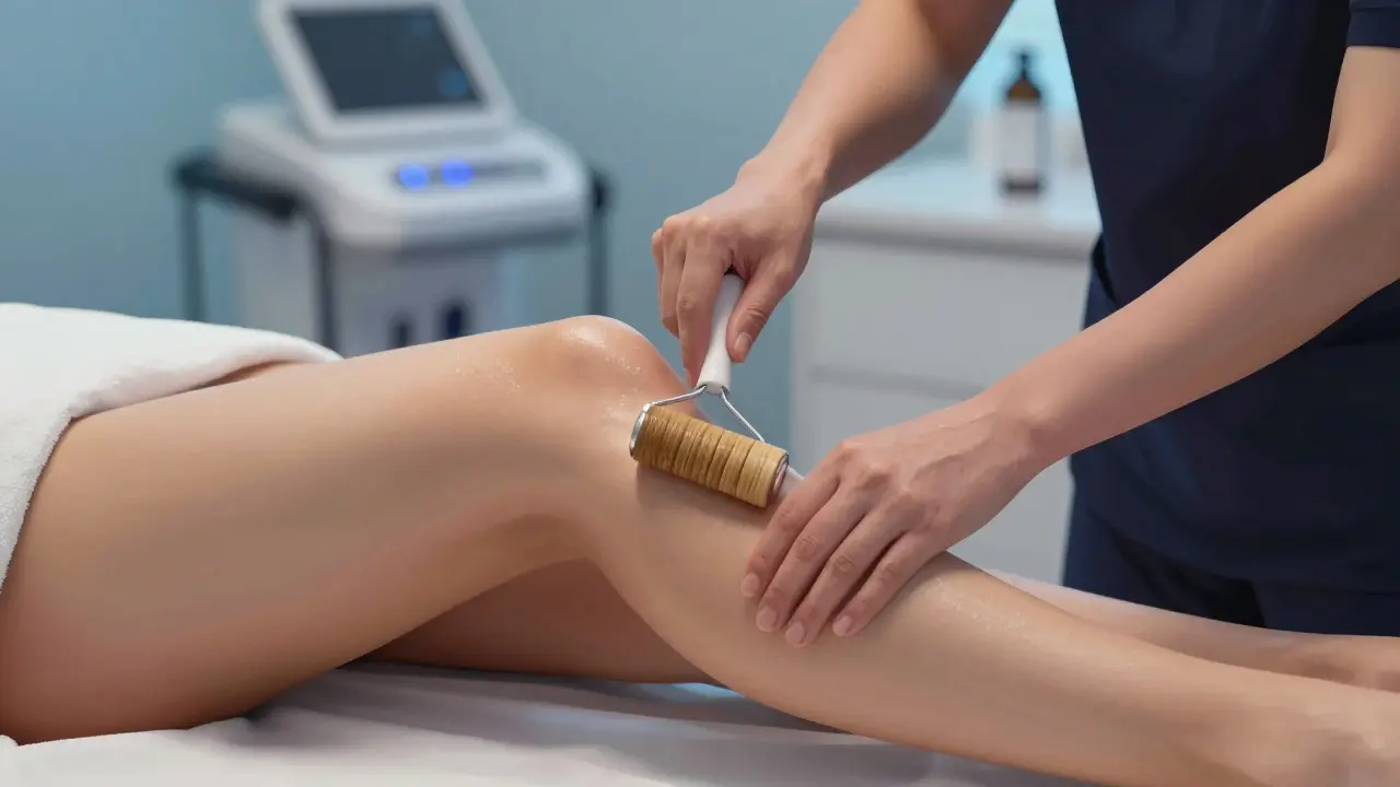 Žena dostává vakuační masáž na stehna v kozmetickém salonu.