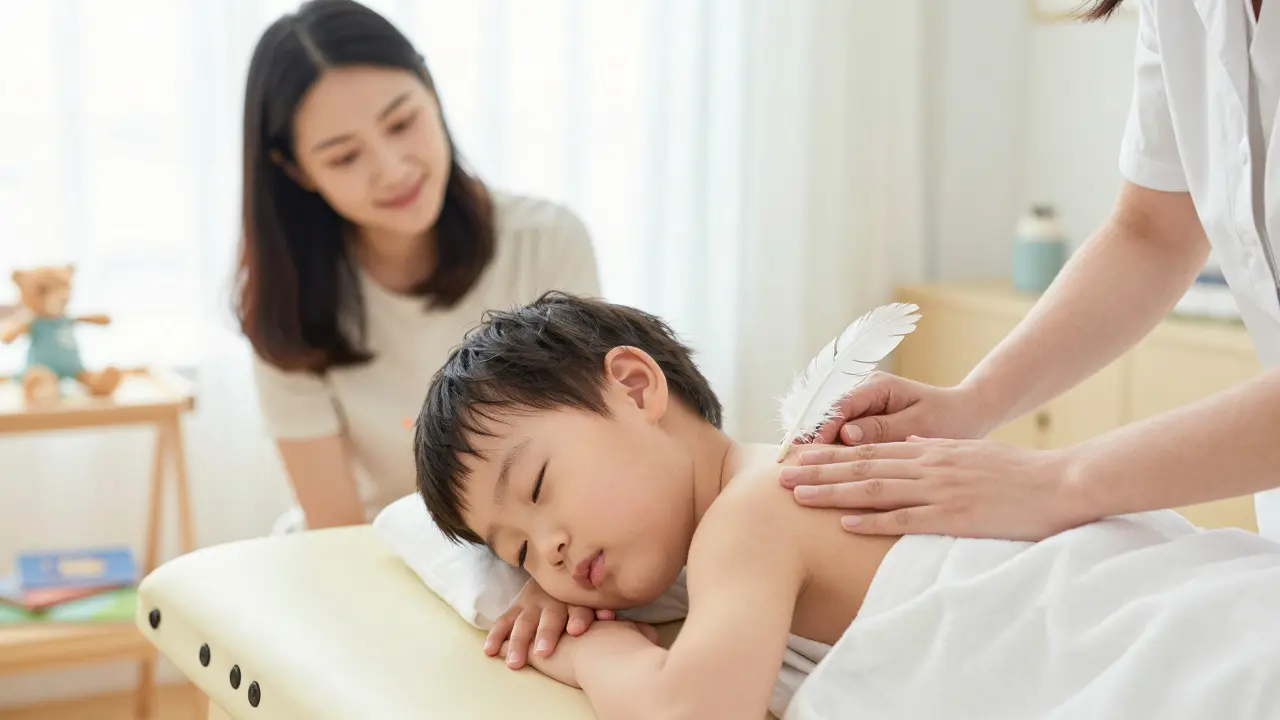 Dítě si nechává dělat jemnou masáž, rodič se s úsměvem dívá.