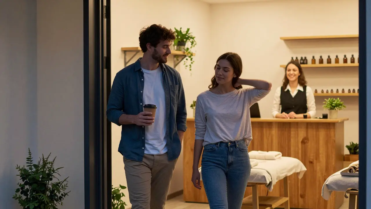 Dva lidé vcházejí do masérky večer, atmosféra klidné a přívětivé péče.