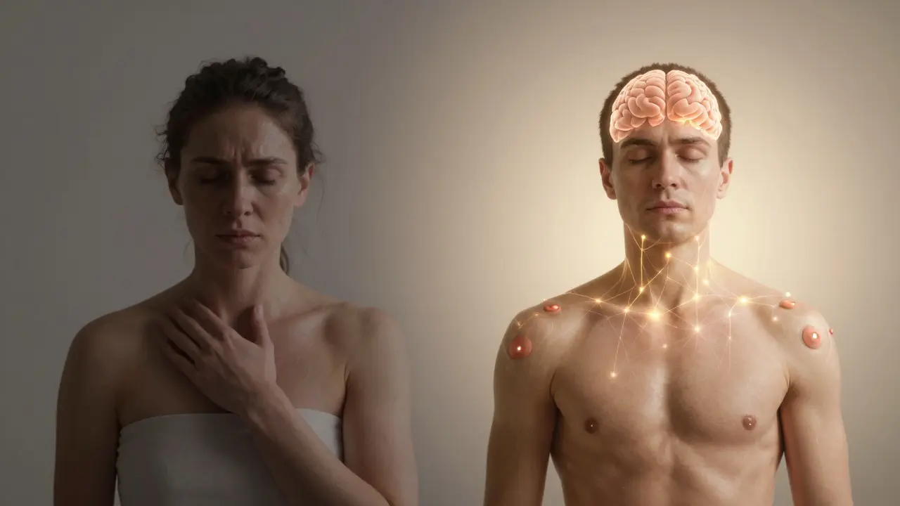 Dvě strany jednoho člověka: napjatý před masáží a uvolněný po ní, s vizuálním znázorněním nervového systému.