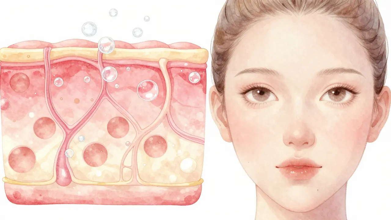 Ilustrace zlepšeného krevního oběhu a zmírnění otoků pod očima.