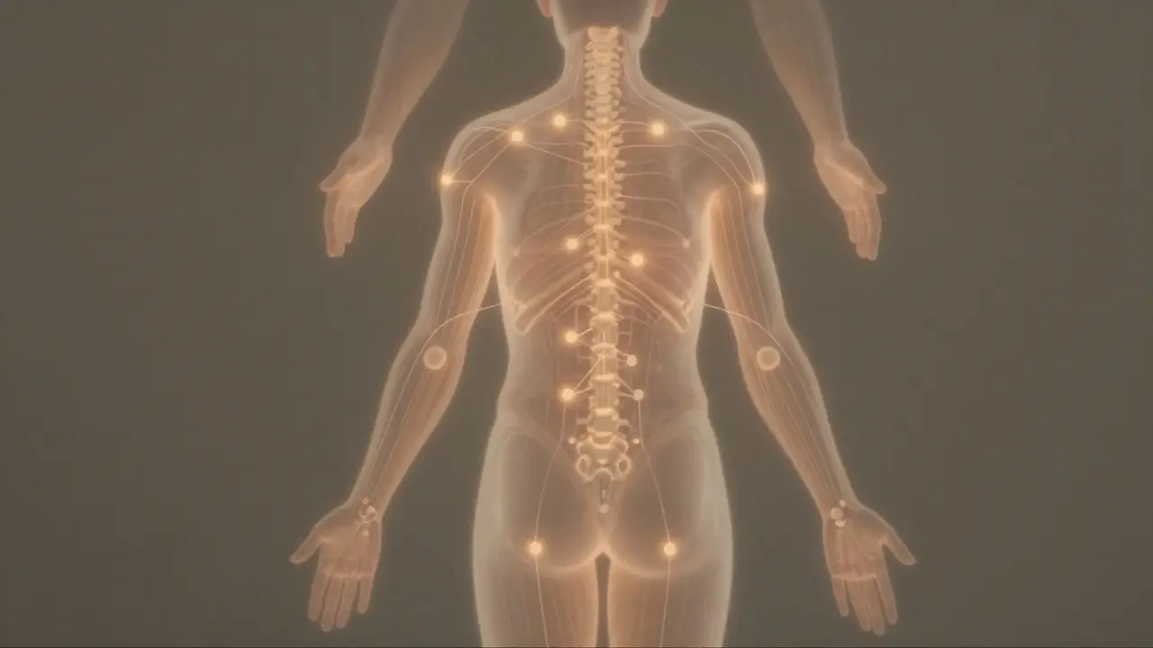 Kresba lidského těla s jemně zářícími energetickými cestami, které spojují body tlaku podle shiatsu.