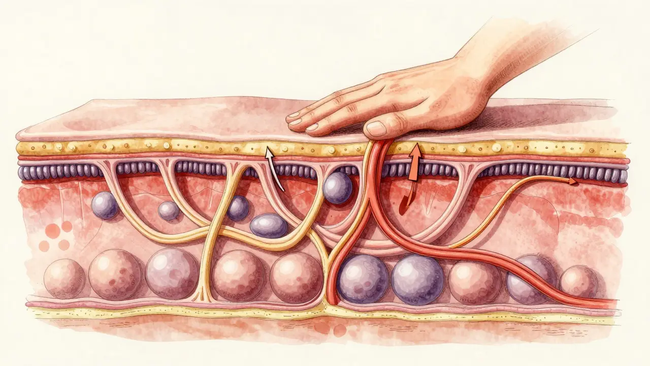 Křížový řez kůže ukazující tukové buňky tlačící na pojivová vlákna a zlepšený odtok tekutin.