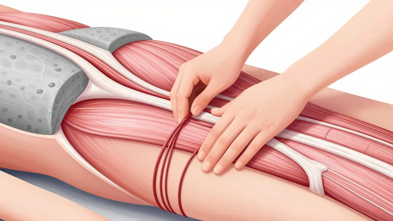 Křížový řez svalové tkáně ukazující rozklad jizvové tkáně a obnovu oběhu.