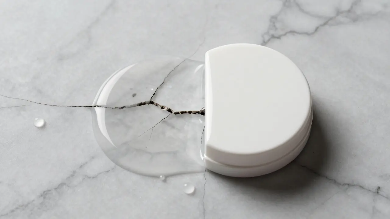 Porovnání poškozené a obnovené mramorové desky masážního stolu.