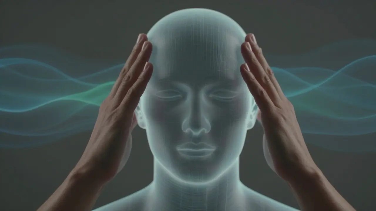 Průhledný model hlavy s tlakem rukou a vlnami úlevy kolem krku a čela.
