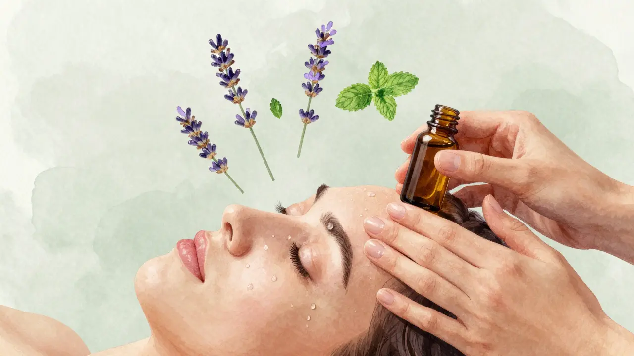 Ruce masírují čelo a spáry s esenciálními oleji, květy levandule a peppermintu se vznášejí v okolí.