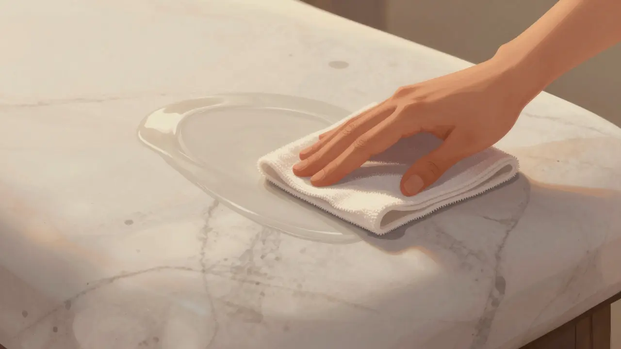 Ruka aplikuje impregnaci na mramorový povrch čistým hadříkem v klidném prostředí.