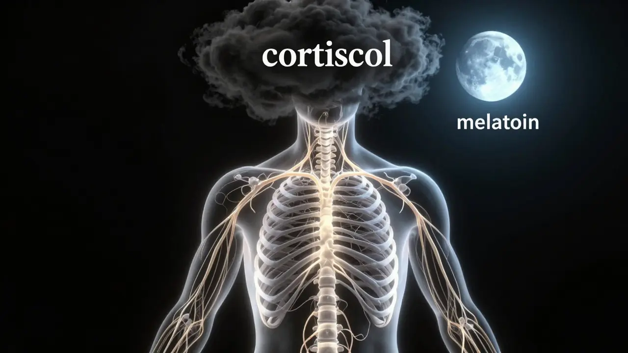 Abstraktní znázornění uvolnění nervových spojení a přechodu ze stresu do klidu.