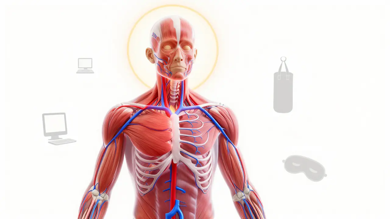 Průhledný náčrt těla s krevními a lymfatickými cestami, které se zlepšují, zatímco svalové napětí mizí.