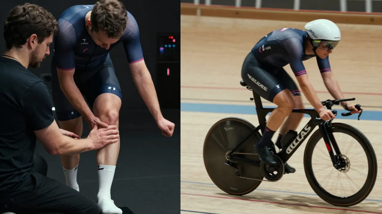 Srovnání před a po masáži: napjatý sval a atletický výkon s volným pohybem.