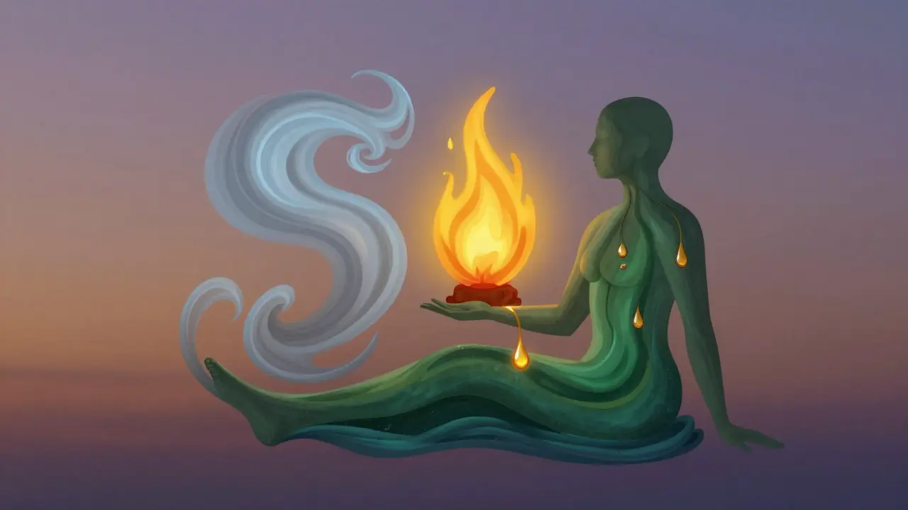 Symbolické znázornění tří dosh – Váta, Pitta a Kapha – v harmonické rovnováze kolem lidské postavy.