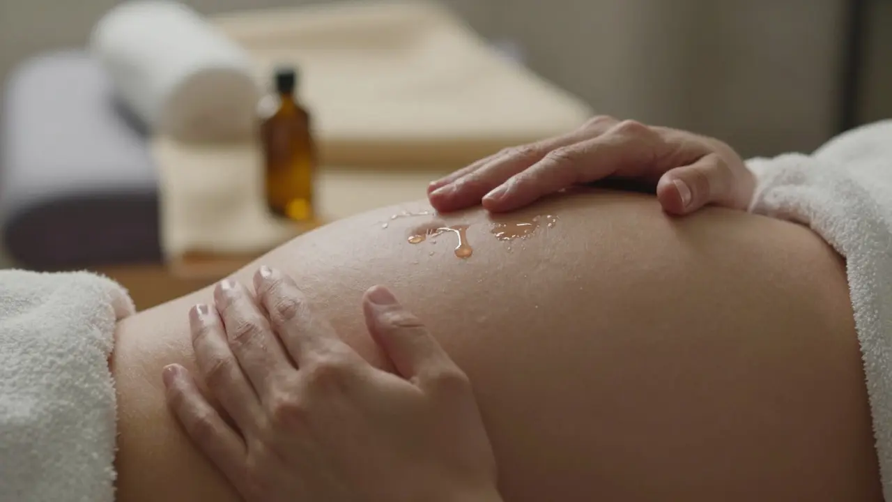 Těhotná žena pláče, když si jemně hladí břicho, slzy padají na kůži v tiché chvíli klidu.