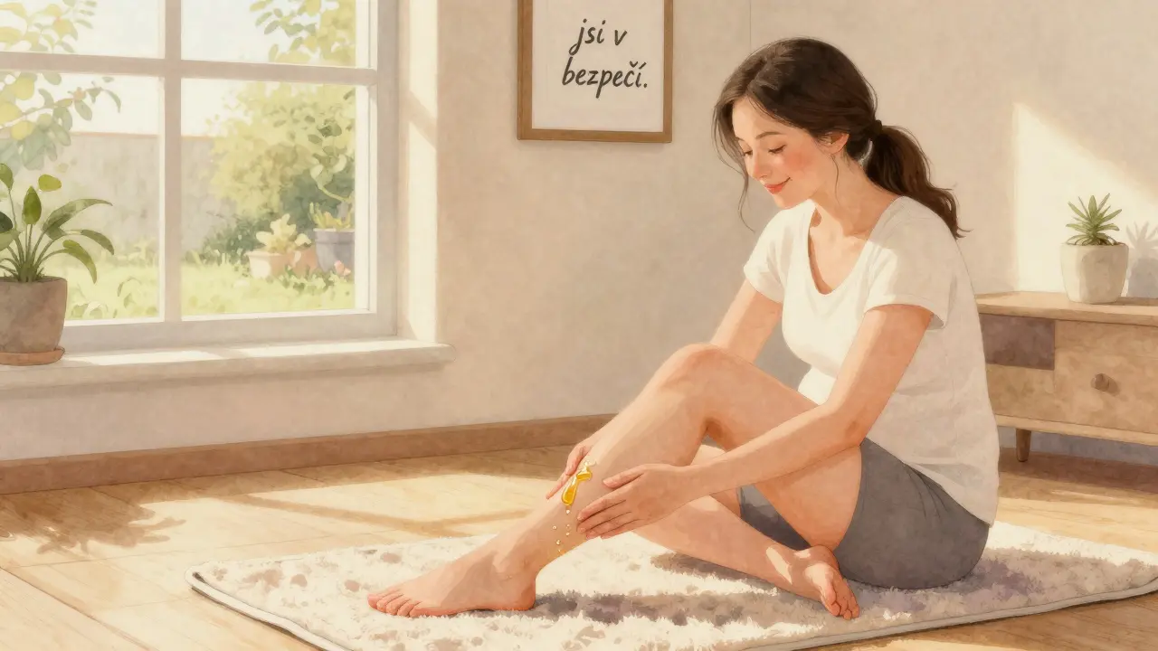 Těhotná žena si sama jemně masíruje nohy doma, v klidném prostředí s přírodním světlem.