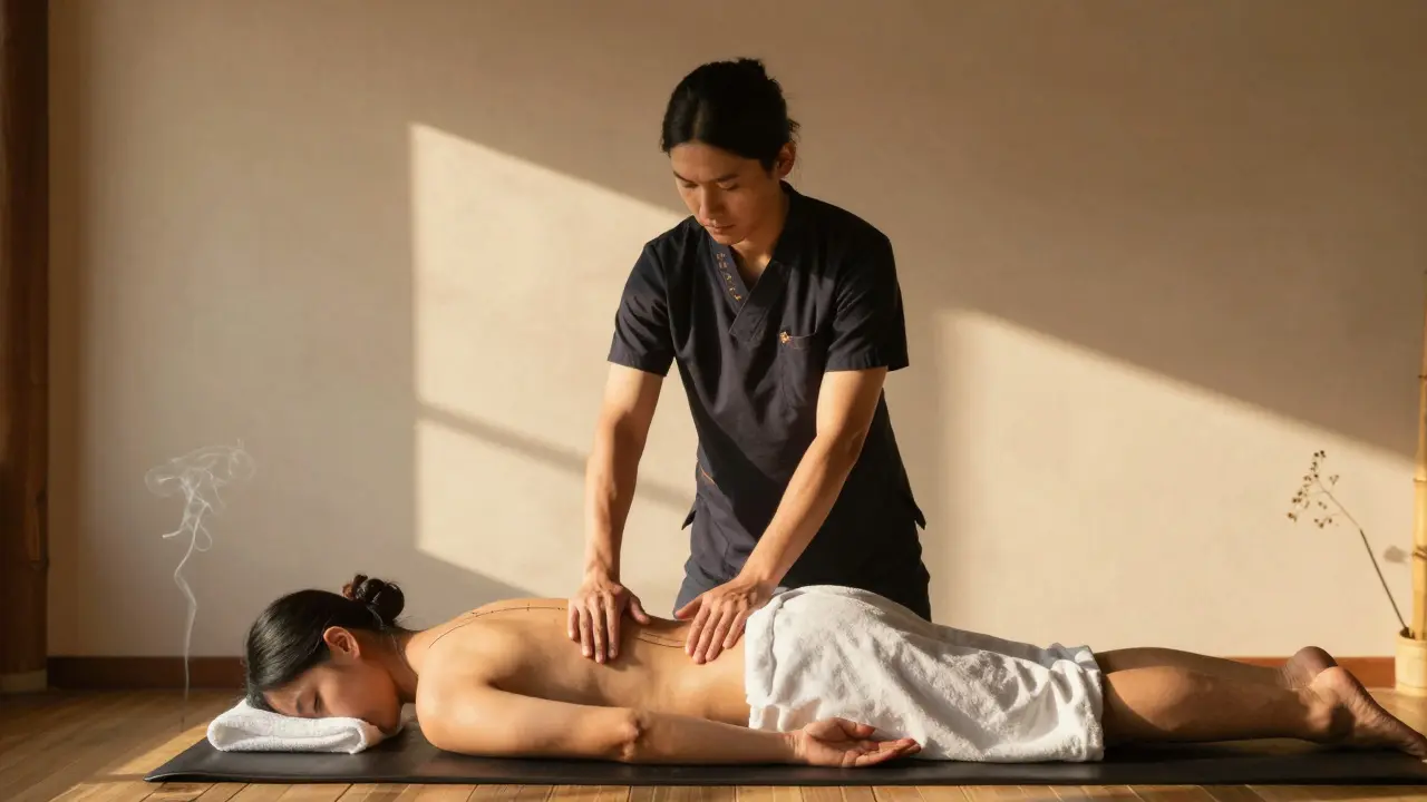 Terapeut stojí na zádech klienta během thajské masáže, ve výhledu je mírné osvětlení a kouř z kadidla.