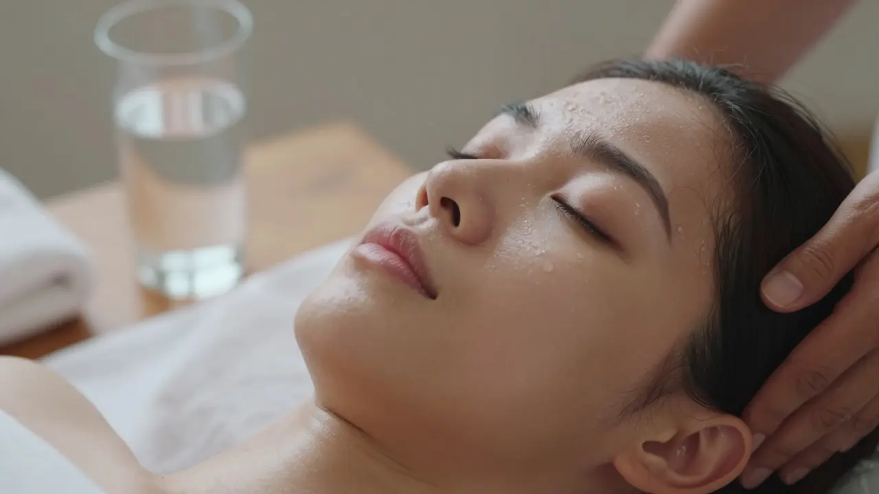 Tvář člověka po thajské masáži s zavřenýma očima, na stole vedle je sklenice vody a ručník.