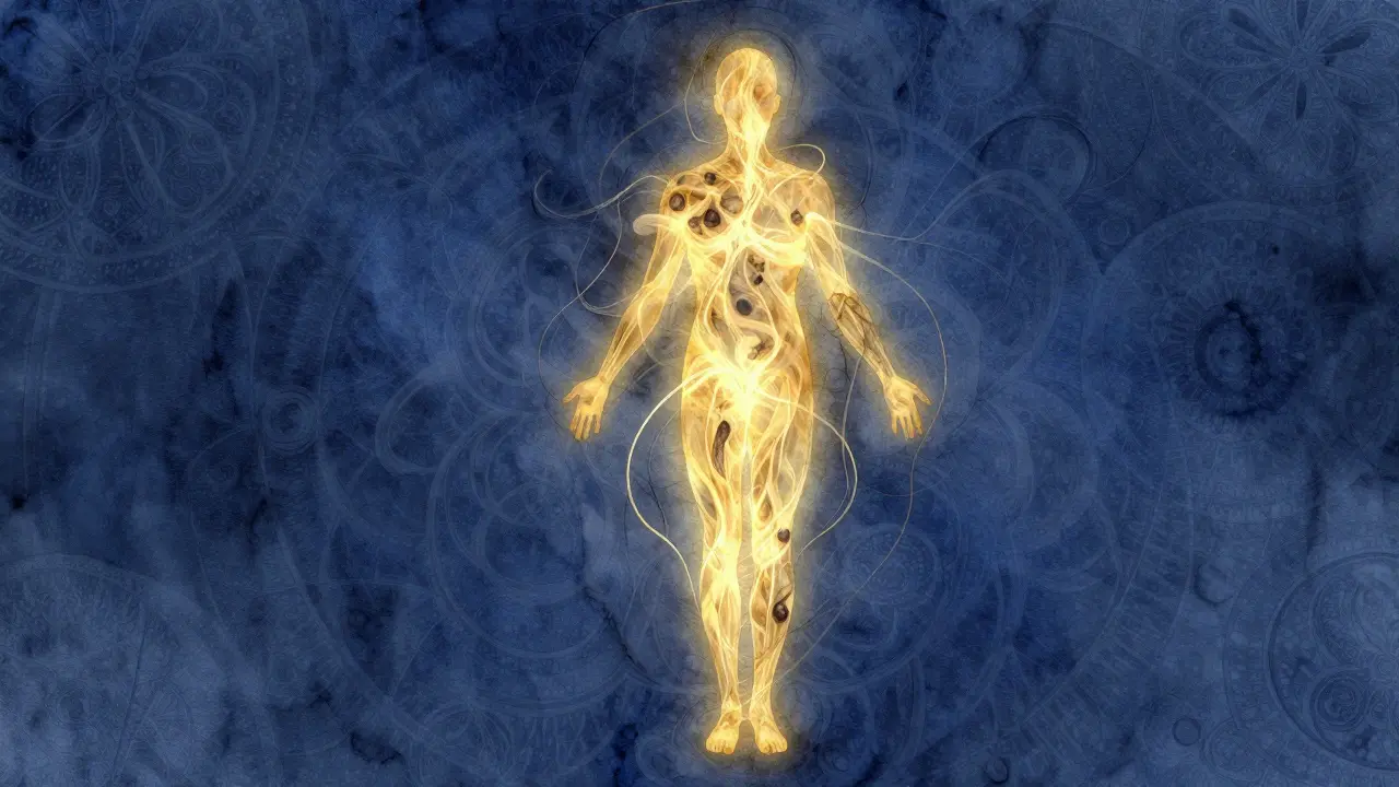 Zlatý tok energie se šíří tělem od nohou k hlavě, rozptylující temné bloky stresu v abstraktním prostředí.