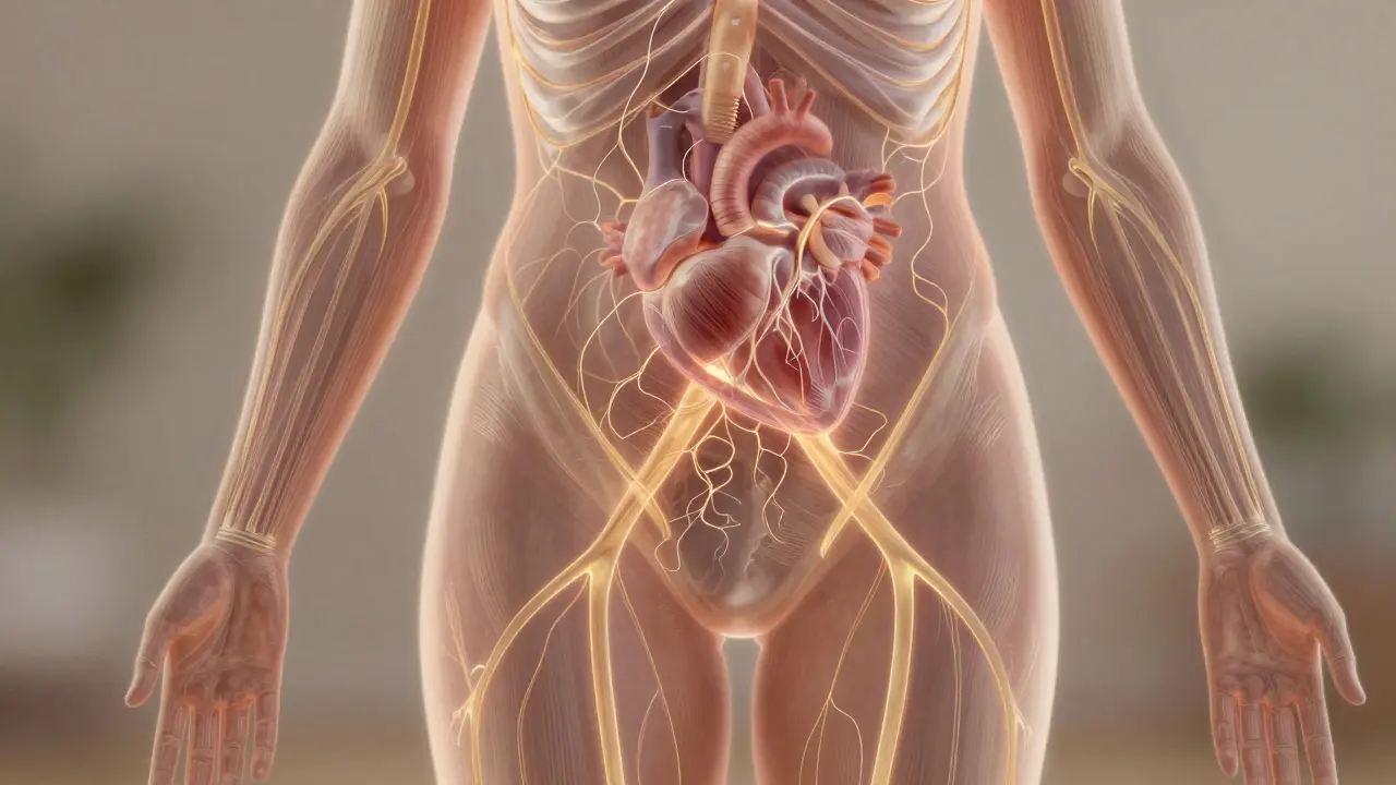 Abstraktní znázornění lymfatického toku tělem při masáži kartáčem.