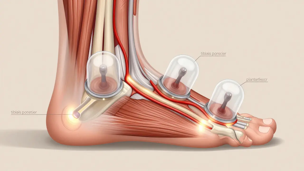 Anatomický nákres nohy s aktivací oblouku a svalu tibialis posterior díky masážnímu baňkování.