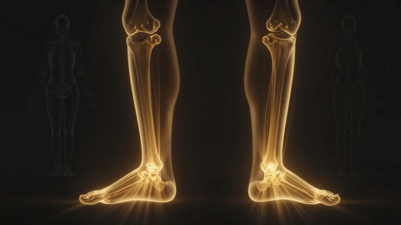 Celkový pohled na tělo, kde obnovený oblouk nohy zlepšuje celkovou posturu a vyrovnává páteř.